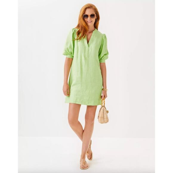 NWT Lilly Pulitzer Green Lime Breathable Linen Puff Sleeve Mini Dress Size 6 - Picture 1 of 4